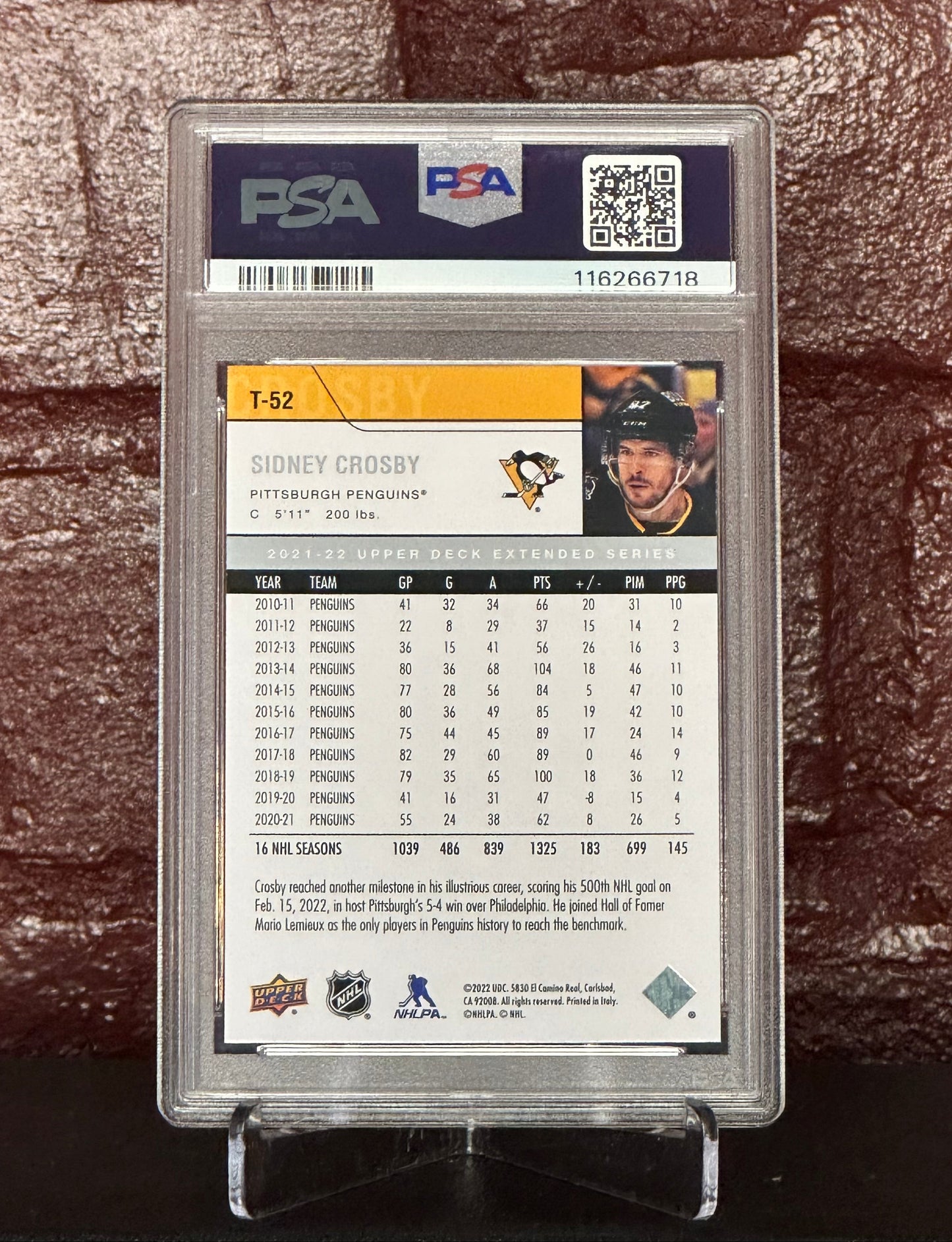 Sidney Crosby 2021 UD Extended Series 06-07 RTR-Gold Stockpile #T52, Psa 10 GEM MT