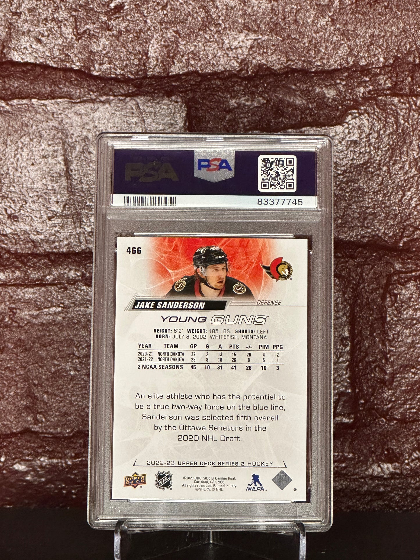 2022 UD JAKE SANDERON, YOUNG GUNS, #466, PSA 9 MINT