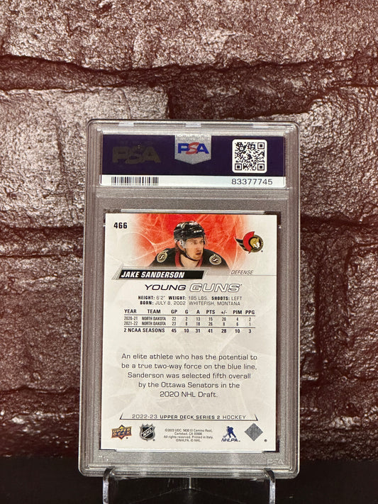 2022 UD JAKE SANDERON, YOUNG GUNS, #466, PSA 9 MINT