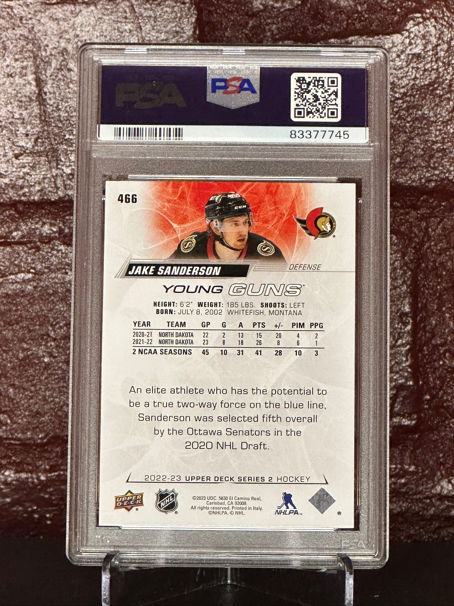 2022 UD JAKE SANDERON, YOUNG GUNS, #466, PSA 9 MINT