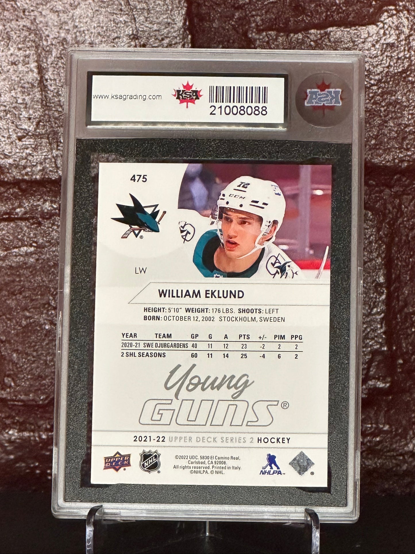 2021-22 UPPER DECK, WILLIAM EKLUND, YOUNG GUNS, #475, KSA 8.5 NMM