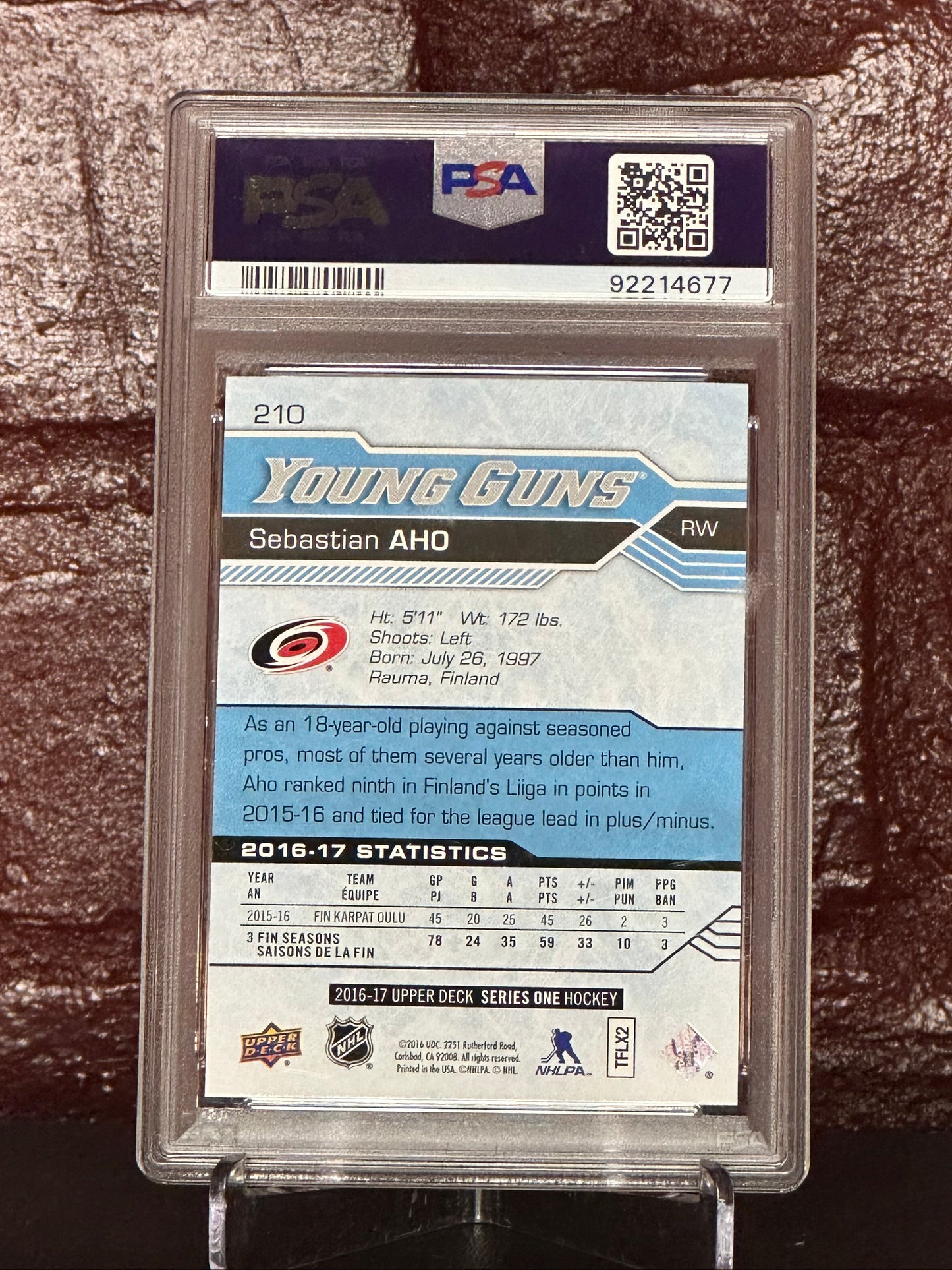 Sebastian Aho 2016 UD Young Guns #210, PSA 8 NM-MT