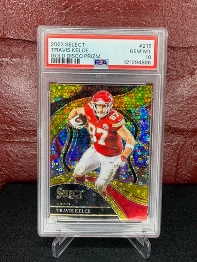 Travis Kelce 2023 Select Gold Disco Prizm 4/10 #215, PSA 10 GEM MT