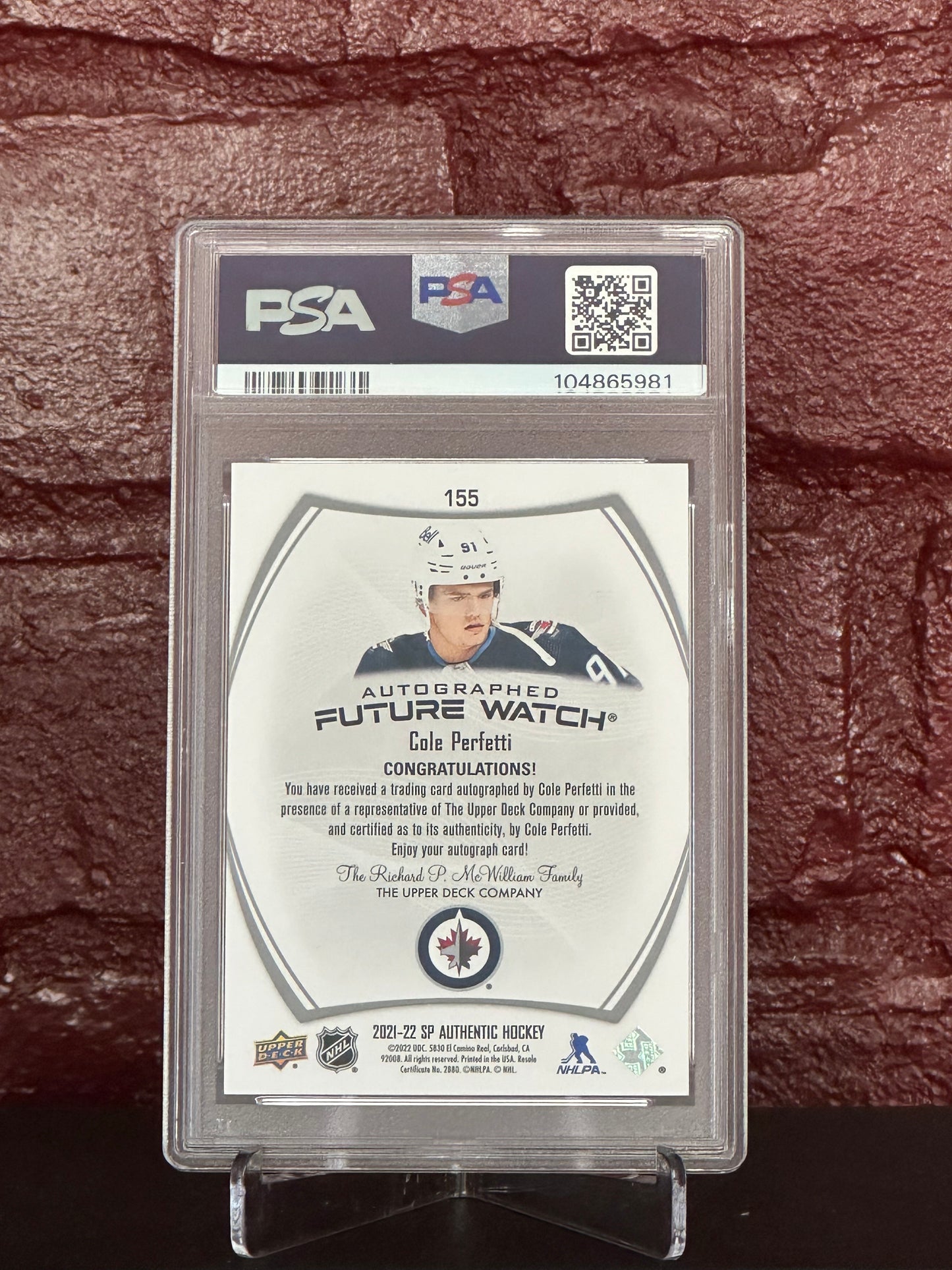 2021 SP AUTHENTIC, COLE PERFETTI,  AUTO, 513/999, #155, PSA 10 GEM MINT